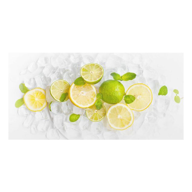 Spritzschutz Glas - Zitrusfrüchte auf Eiswürfel - Querformat - 2:1