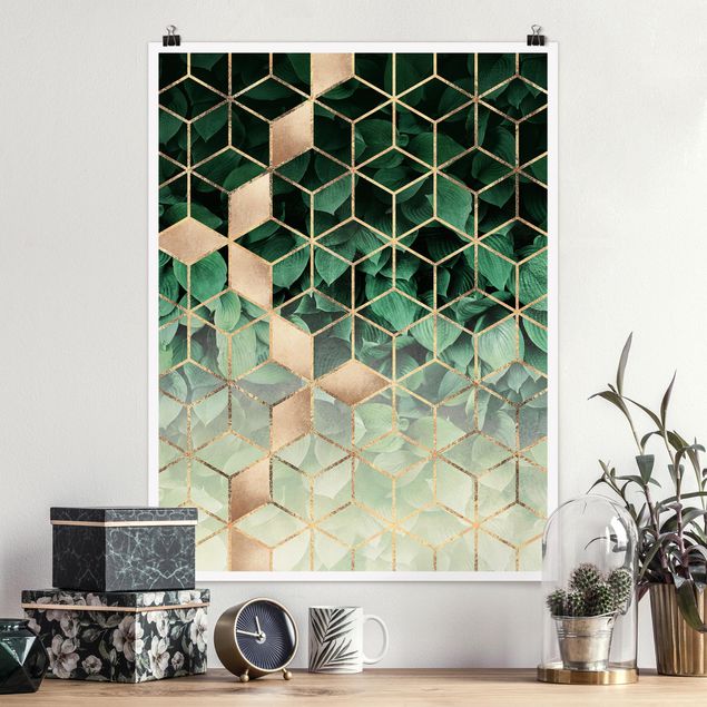 abstrakte Kunst Poster Grüne Blätter goldene Geometrie