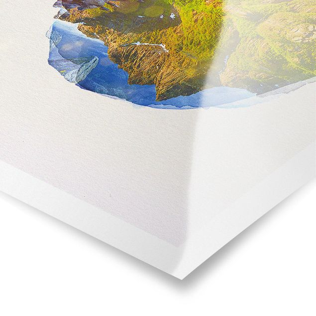 Wandbilder Wasserfarben - Berglandschaft mit Wasserspiegelung in Norwegen