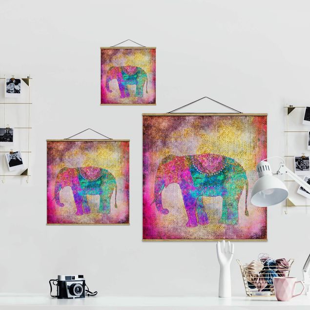 Stoffbild mit Posterleisten - Bunte Collage - Indischer Elefant - Quadrat 1:1
