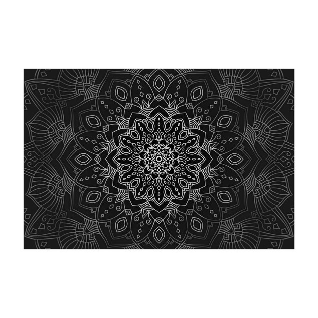 grosser Teppich Mandala Blüte Muster silber schwarz