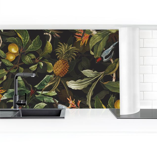 Küchenrückwand selbstklebend Vögel mit Ananas Grün II