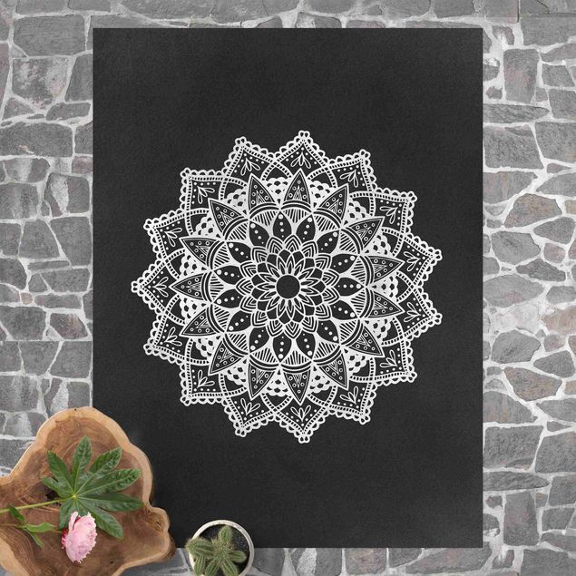 Teppich für Balkon Mandala Illustration Ornament weiß schwarz