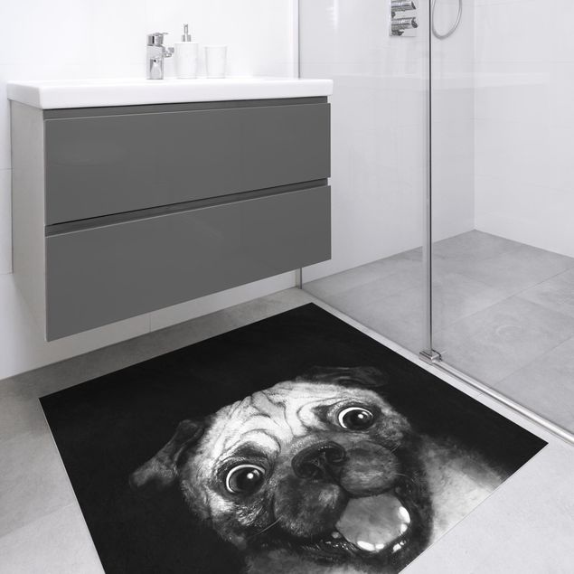 Aussenteppich Illustration Hund Mops Malerei auf Schwarz Weiß