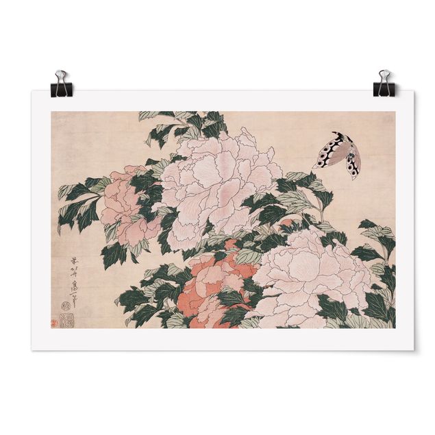 Hokusai Prints Katsushika Hokusai - Rosa Pfingstrosen mit Schmetterling