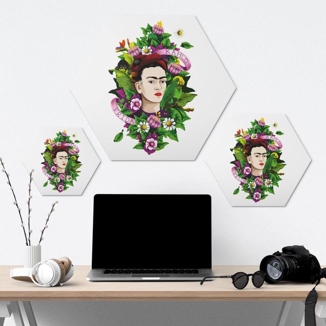 Hexagon Bild Alu-Dibond - Frida Kahlo - Frida, Äffchen und Papagei