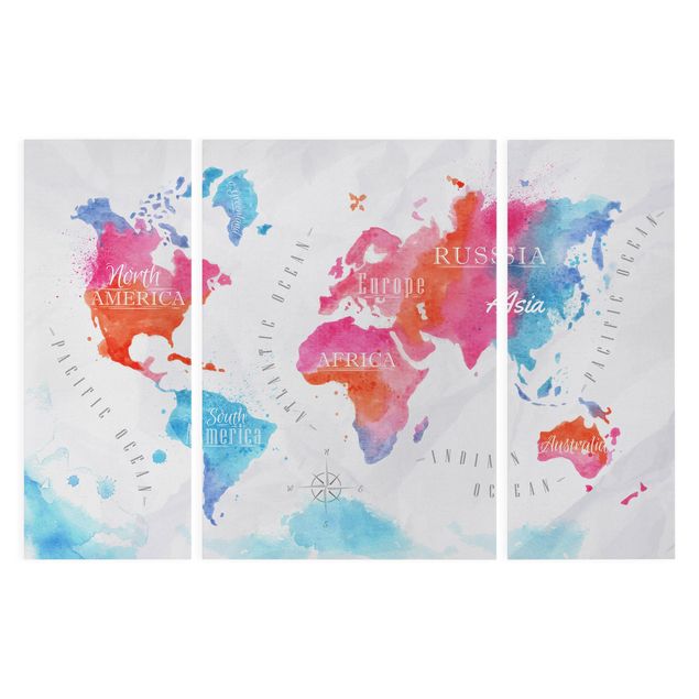 Leinwandbild 3-teilig - Weltkarte Aquarell rot blau - Tryptichon