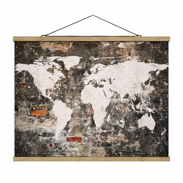 Stoffbild mit Posterleisten - Alte Mauer Weltkarte - Querformat 4:3
