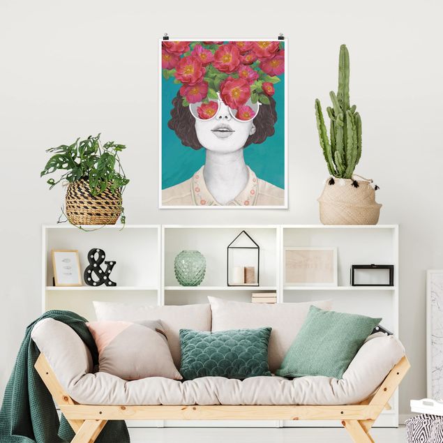 Poster - Illustration Portrait Frau Collage mit Blumen Brille - Hochformat 4:3