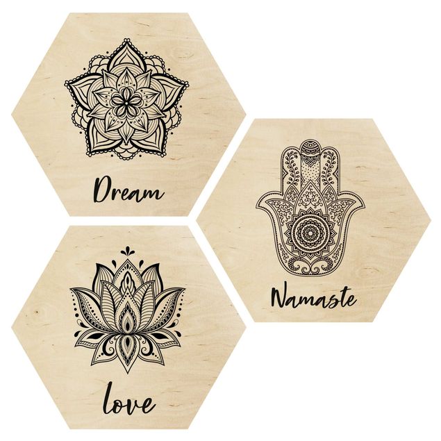 Hexagon Bild Holz 3-teilig - Mandala Namaste Lotus Set Schwarz Weiß