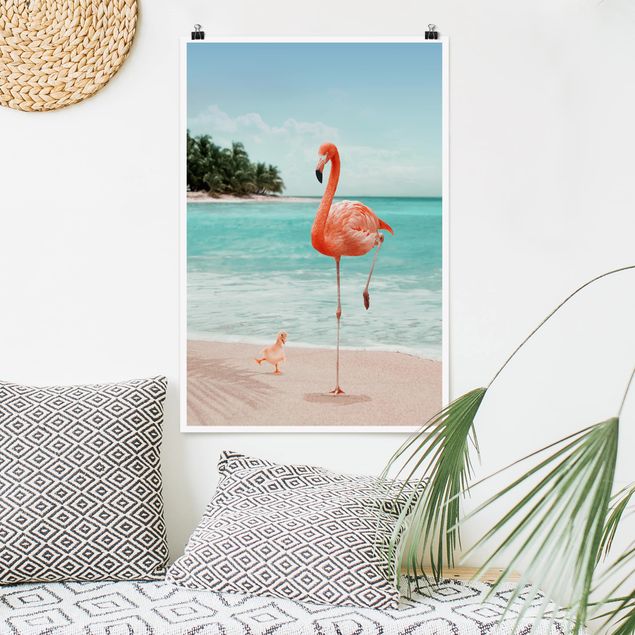 Wand Poster XXL Strand mit Flamingo