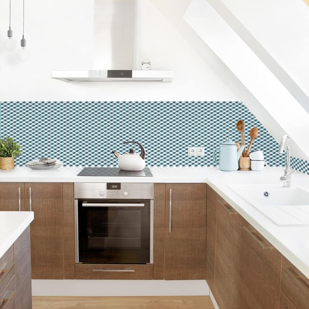 Küche Wandpaneel Geometrischer Fliesenmix Würfel Türkis