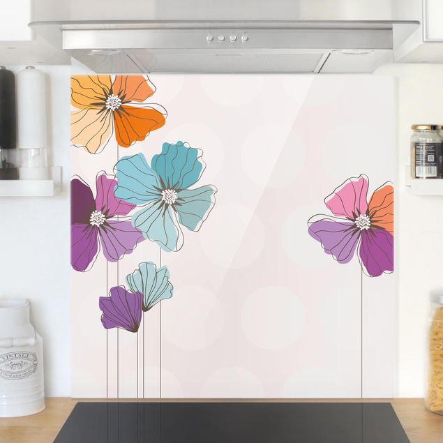 Glasrückwand Küche Blumen Mohn in Pastell