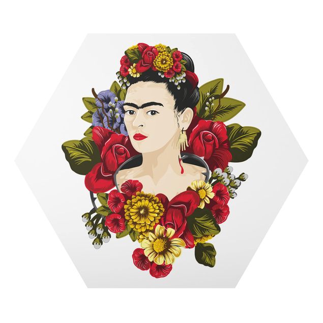 Hexagon Bild Alu-Dibond - Frida Kahlo - Rosen