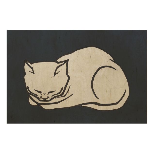 Wandbild Holz Schlafende Katze Illustration
