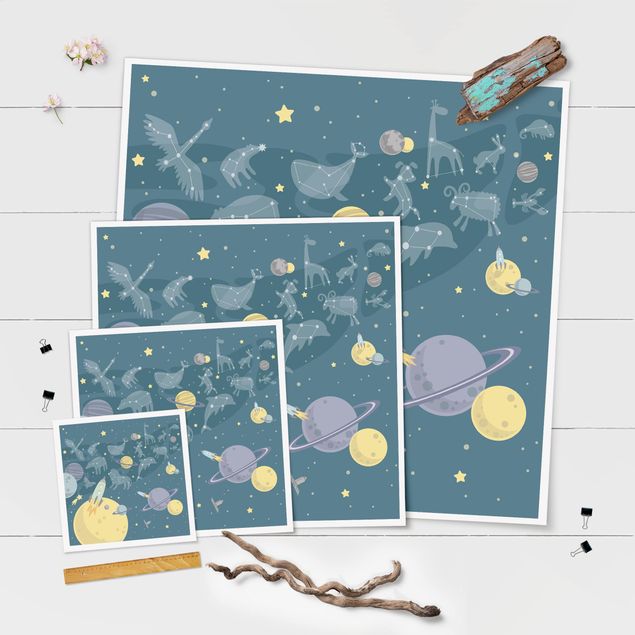 Poster - Planeten mit Sternzeichen und Raketen - Quadrat 1:1