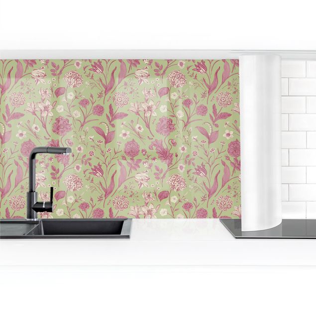Küchenrückwand selbstklebend Blumentanz in Mint-Grün und Rosa Pastell II