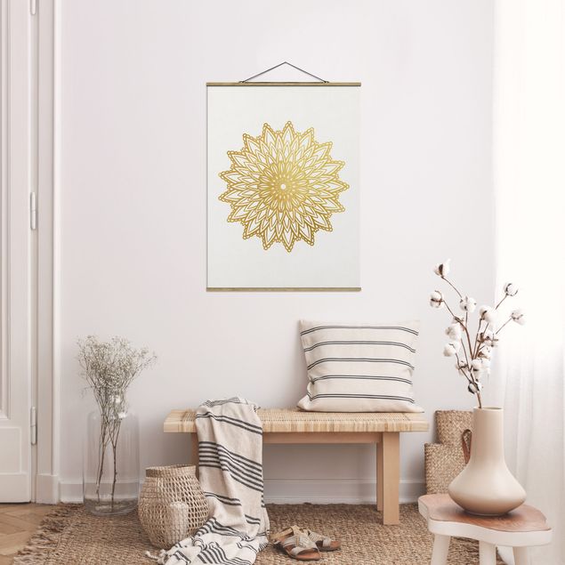 Stoffbild mit Posterleisten - Mandala Sonne Illustration weiß gold - Hochformat 3:4