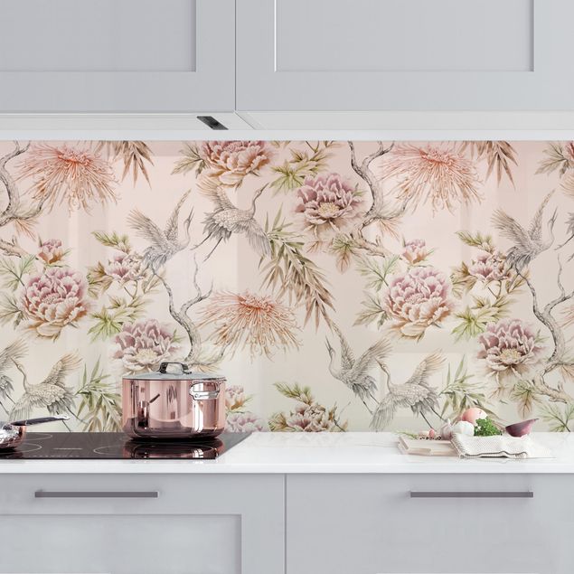 Platte Küchenrückwand Aquarell Vögel mit großen Blüten in Ombre