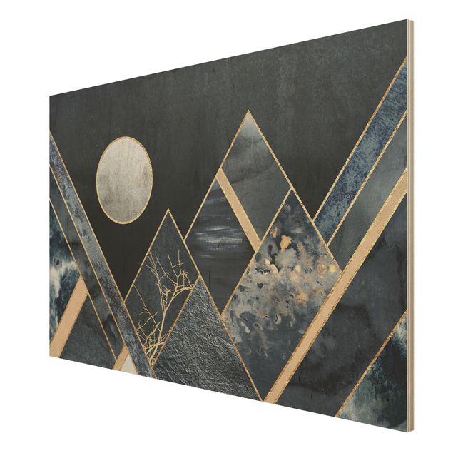 Holzbild - Goldener Mond abstrakte schwarze Berge - Querformat 2:3