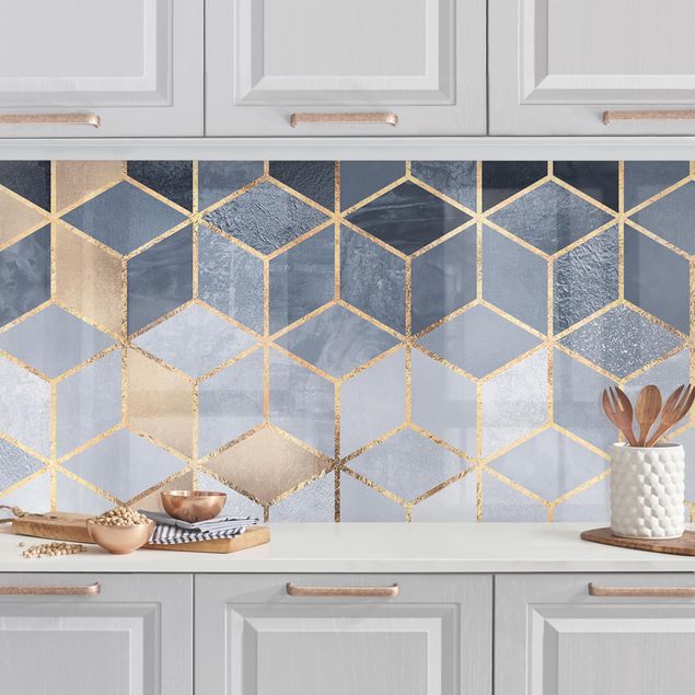 Platte Küchenrückwand Blau Weiß goldene Geometrie