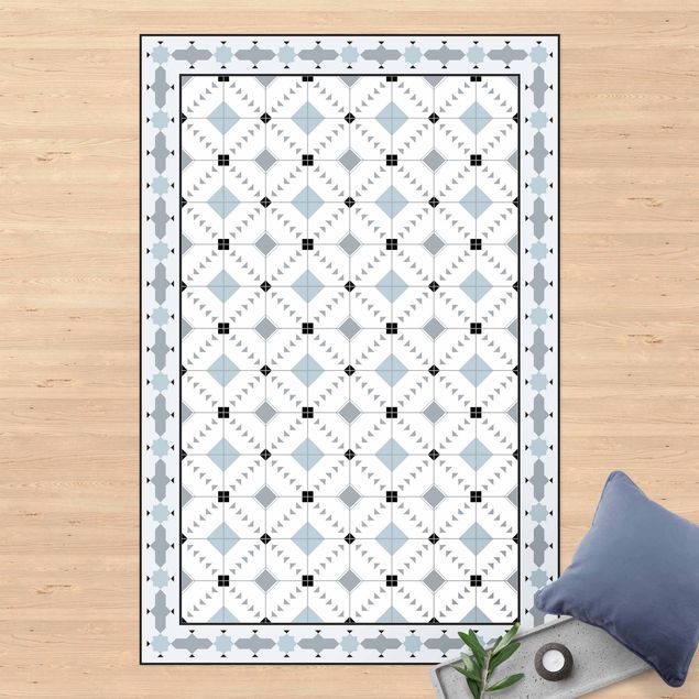 Teppich für Balkon Geometrische Fliesen Ikat Blau mit Bordüre