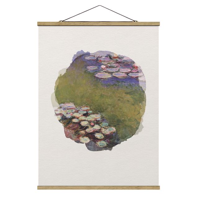 Stoffbild mit Posterleisten - Wasserfarben - Claude Monet - Seerosen - Hochformat 3:4
