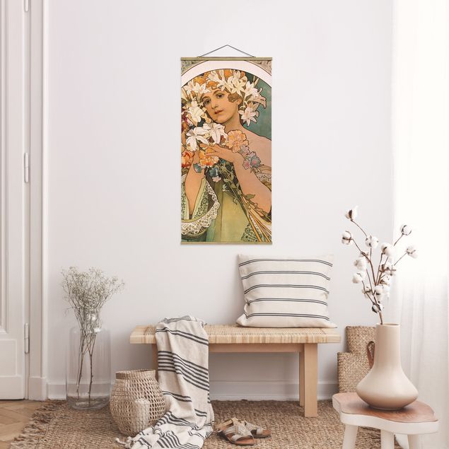 Stoffbild mit Posterleisten - Alfons Mucha - Blume - Hochformat 1:2