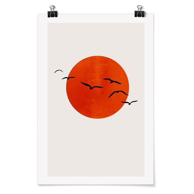 Kubistika Prints Vogelschwarm vor roter Sonne I