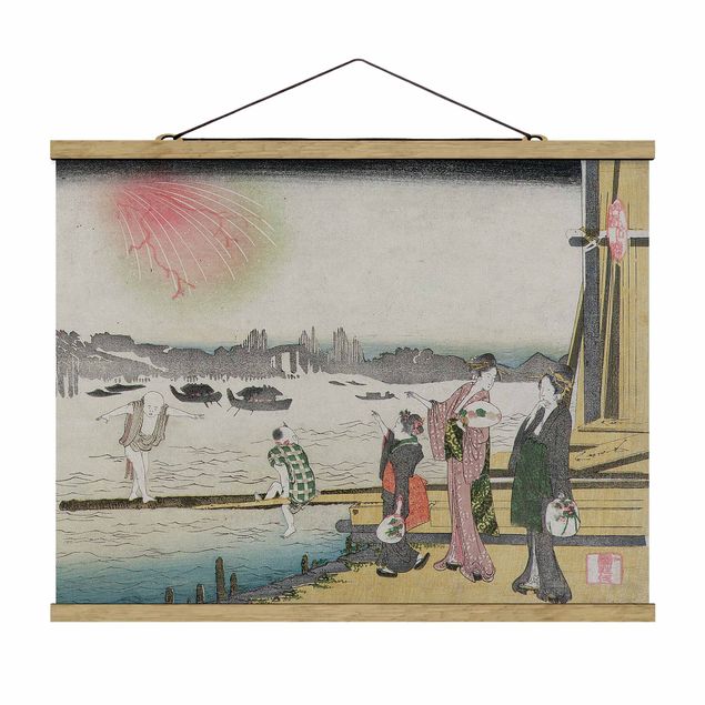 Stoffbild mit Posterleisten - Katsushika Hokusai - Ein kühler Abend in Ryogoku - Querformat 4:3