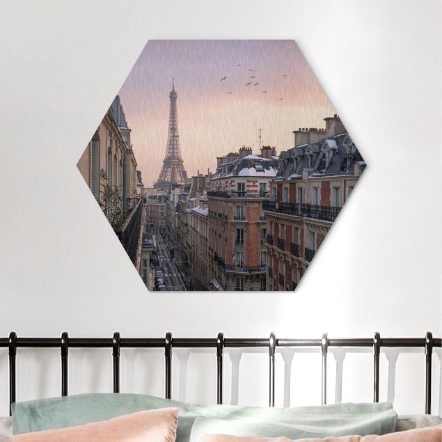 Hexagon Bild Alu-Dibond - Eiffelturm bei Sonnenuntergang