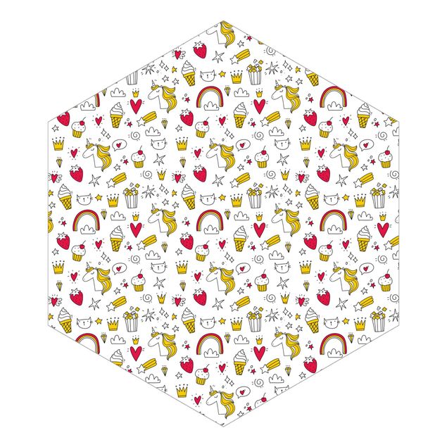 Hexagon Mustertapete selbstklebend - Einhörner und Süßes in Gelb und Rot