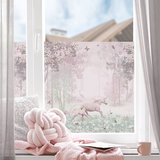 Fensterfolie Einhorn auf Blumenwiese in Rosa