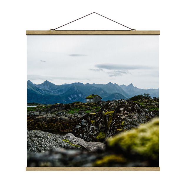Stoffbild mit Posterleisten - Einsame Hütte in Norwegen - Quadrat 1:1