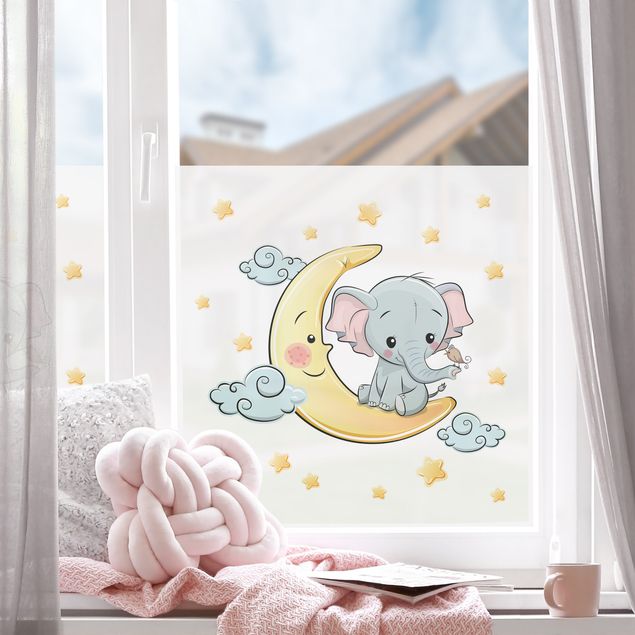 Fensterbilder selbstklebend Elefant Mond und Sterne