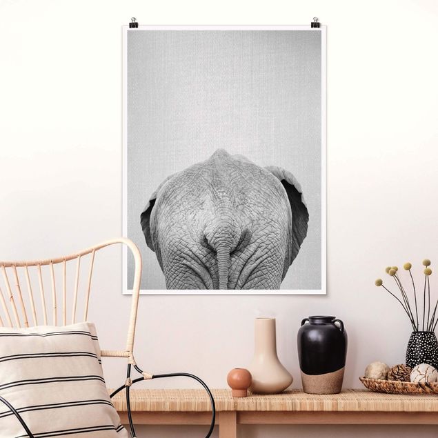 Poster Elefanten Elefant von hinten Schwarz Weiß
