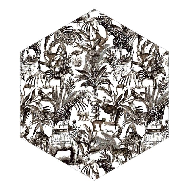 Hexagon Mustertapete selbstklebend - Elefanten Giraffen Zebras und Tiger Schwarz-Weiß mit Braunton