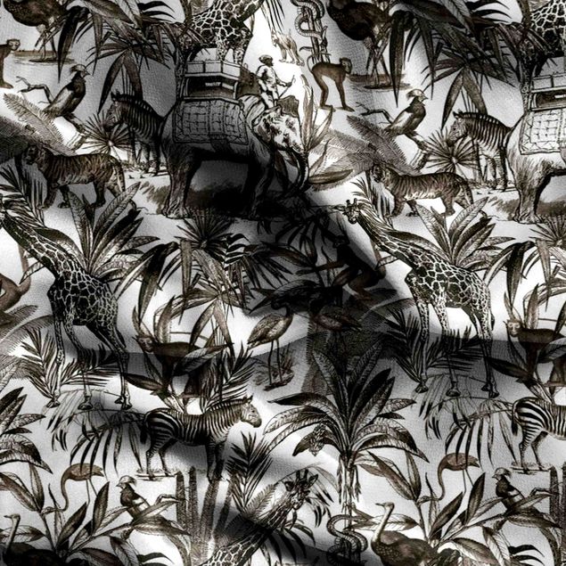 Vorhang blickdicht Elefanten Giraffen Zebras und Tiger Schwarz-Weiß mit Braunton