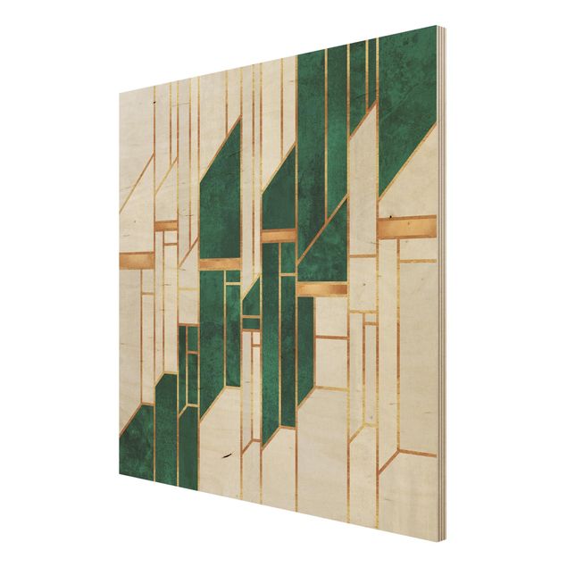 Wandbild Holz Emerald und Gold Geometrie