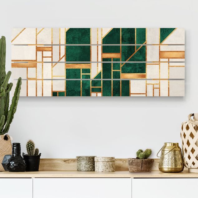 Holzbilder Muster Emerald und Gold Geometrie