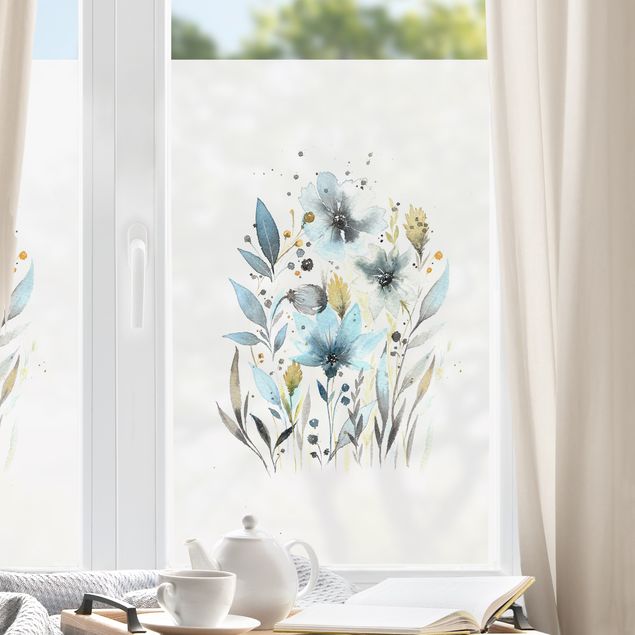 Fensterbilder selbstklebend Blumen Esther-Meinl - Türkise Aquarell Blumen