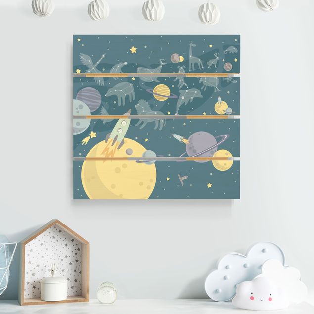 Holzbild - Planeten mit Sternzeichen und Raketen - Quadrat 1:1