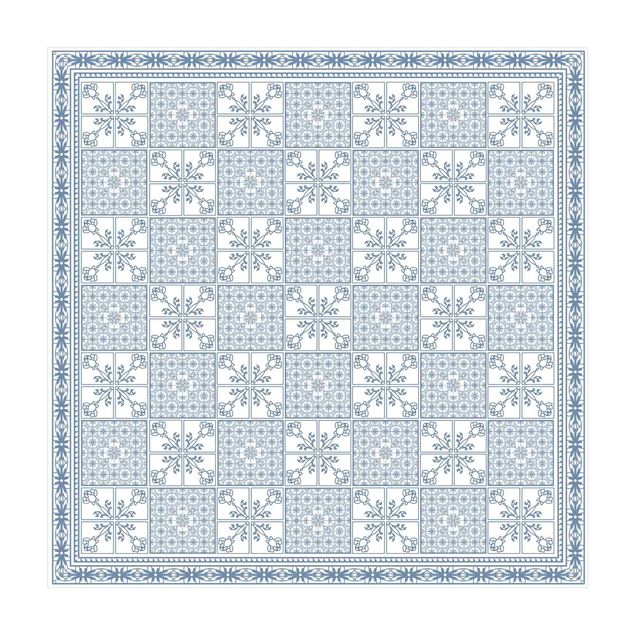 Vinyl-Teppich - Florales Fliesenmuster Blaugrau mit Bordüre - Quadrat 1:1