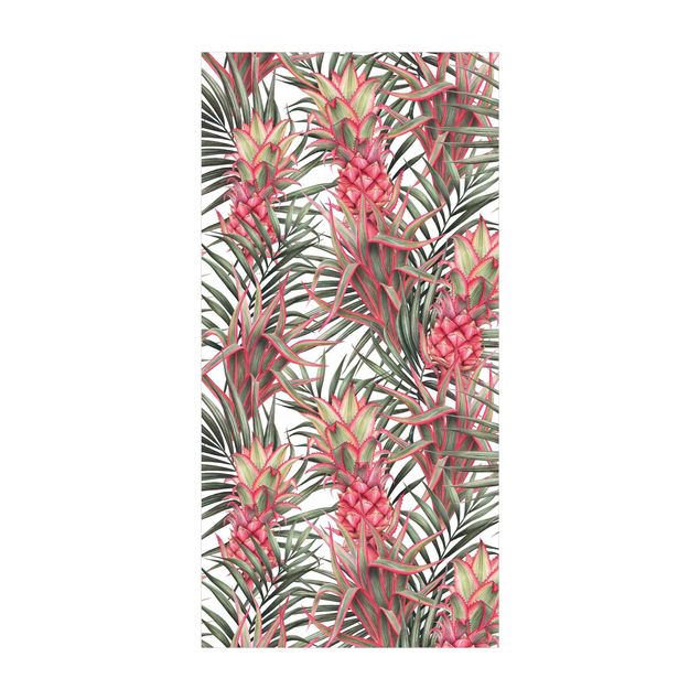 Teppich Blumenmuster Rote Ananas mit Palmenblättern Tropisch