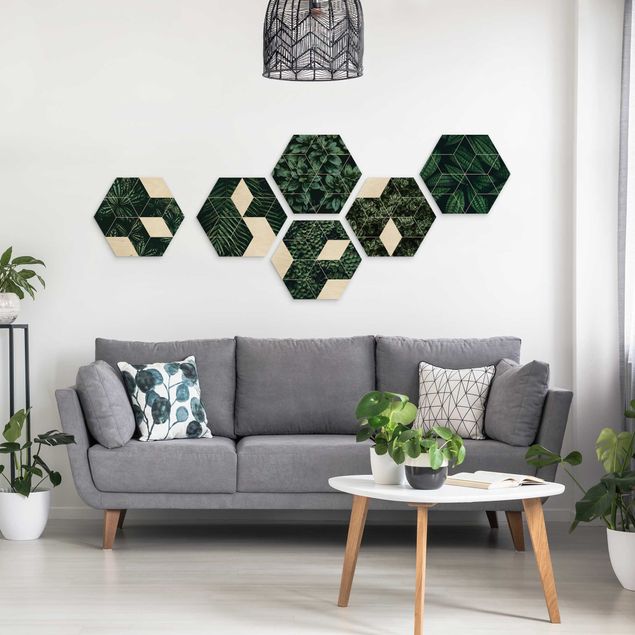 Wandbild Holz Grüne Blätter Geometrie Set II