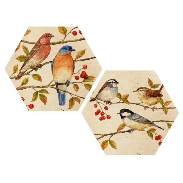 Hexagon Bild Holz 2-teilig - Vögel und Beeren Set I