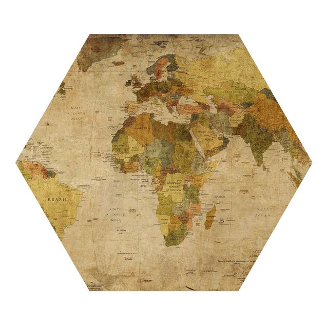 Hexagon Bild Holz - Weltkarte