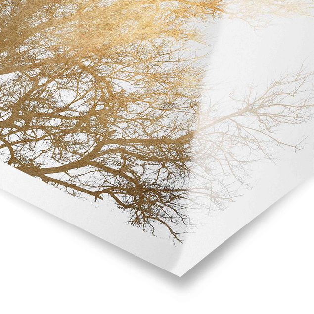 Poster Vogelschwarm vor goldenem Baum