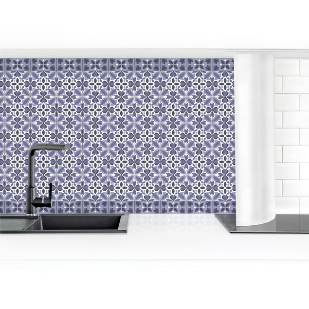 Küchenrückwand selbstklebend Geometrischer Fliesenmix Blüte Violett