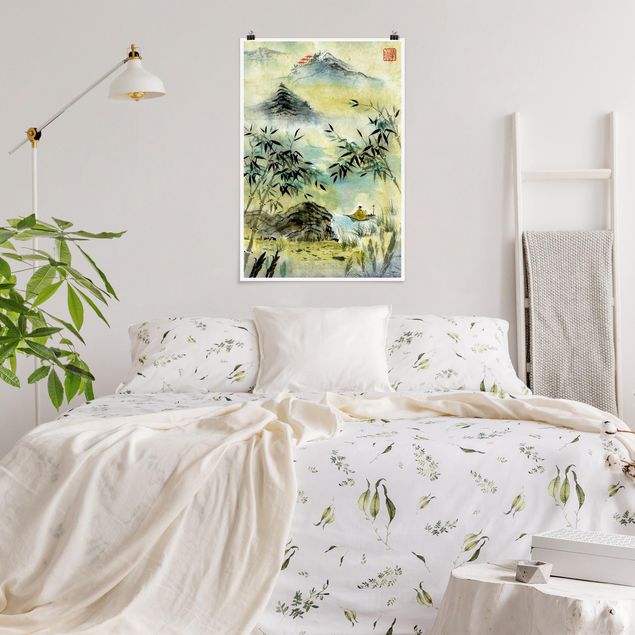 Poster - Japanische Aquarell Zeichnung Bambuswald - Hochformat 3:2